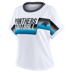 Carolina Panthers WEAR by Erin Andrews Women's Cropped Center Stripe Dolman T-Shirt | NFL Outlet