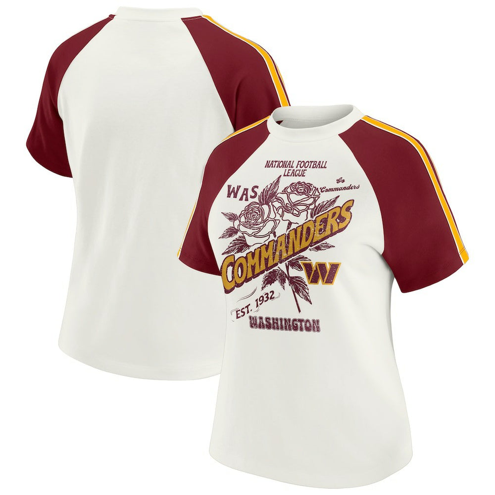 Washington Commanders WEAR by Erin Andrews Women's Sleeve Stripe Distressed Raglan T-Shirt | NFL Discount