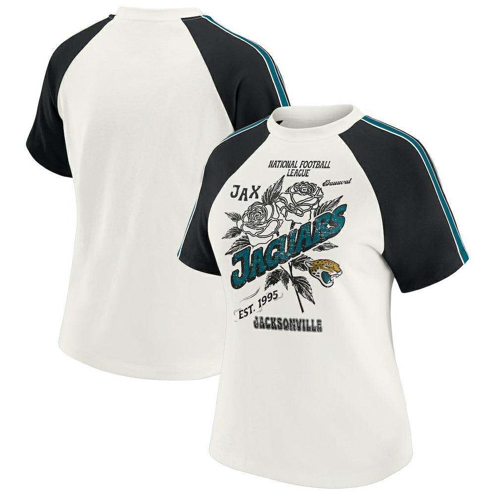 Jacksonville Jaguars WEAR by Erin Andrews Women's Sleeve Stripe Distressed Raglan T-Shirt | NFL Sale