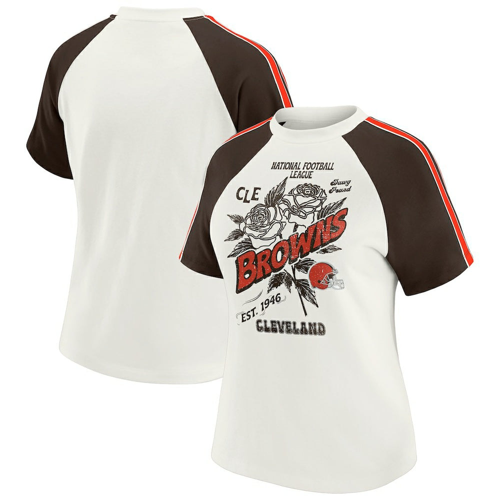 Cleveland Browns WEAR by Erin Andrews Women's Sleeve Stripe Distressed Raglan T-Shirt | NFL Near me