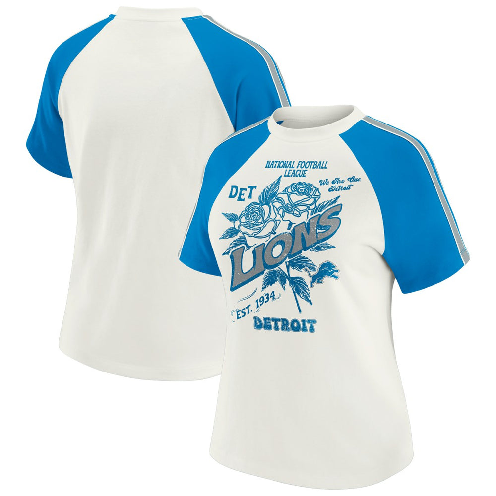 Detroit Lions WEAR by Erin Andrews Women's Sleeve Stripe Distressed Raglan T-Shirt | NFL Outlet