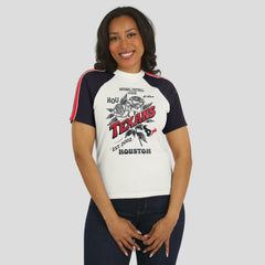 Houston Texans WEAR by Erin Andrews Women's Sleeve Stripe Distressed Raglan T-Shirt | NFL Discount