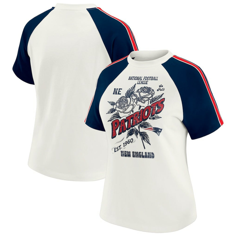 New England Patriots WEAR by Erin Andrews Women's Sleeve Stripe Distressed Raglan T-Shirt | NFL US