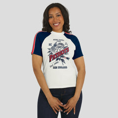 New England Patriots WEAR by Erin Andrews Women's Sleeve Stripe Distressed Raglan T-Shirt | NFL US