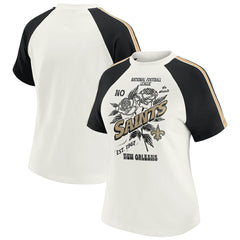 New Orleans Saints WEAR by Erin Andrews Women's Sleeve Stripe Distressed Raglan T-Shirt | NFL New