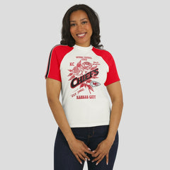 Kansas City Chiefs WEAR by Erin Andrews Women's Sleeve Stripe Distressed Raglan T-Shirt | NFL On sale