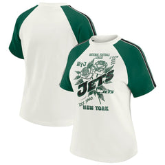 New York Jets WEAR by Erin Andrews Women's Sleeve Stripe Distressed Raglan T-Shirt | NFL Outlet