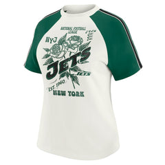 New York Jets WEAR by Erin Andrews Women's Sleeve Stripe Distressed Raglan T-Shirt | NFL Outlet