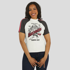 Tampa Bay Buccaneers WEAR by Erin Andrews Women's Sleeve Stripe Distressed Raglan T-Shirt | NFL Sale