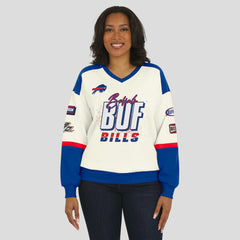 Buffalo Bills WEAR by Erin Andrews Women's Racing Crew V-Neck Sweatshirt | NFL Outlet