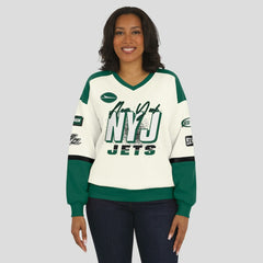 New York Jets WEAR by Erin Andrews Women's Racing Crew V-Neck Sweatshirt | NFL Near me