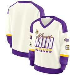 Minnesota Vikings WEAR by Erin Andrews Women's Racing Crew V-Neck Sweatshirt | NFL US