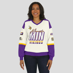 Minnesota Vikings WEAR by Erin Andrews Women's Racing Crew V-Neck Sweatshirt | NFL US