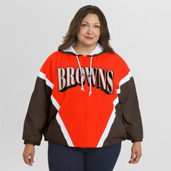 Cleveland Browns WEAR by Erin Andrews Women's Plus Size Retro Crinkle Full-Zip Hoodie Windbreaker Jacket | NFL Hot