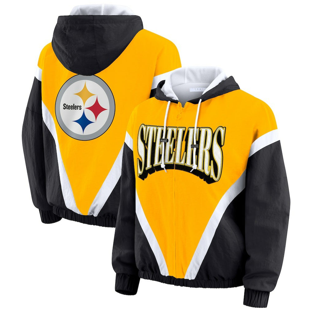 Pittsburgh Steelers WEAR by Erin Andrews Women's Plus Size Retro Crinkle Full-Zip Hoodie Windbreaker Jacket | NFL New