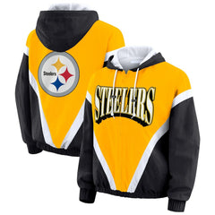 Pittsburgh Steelers WEAR by Erin Andrews Women's Plus Size Retro Crinkle Full-Zip Hoodie Windbreaker Jacket | NFL New