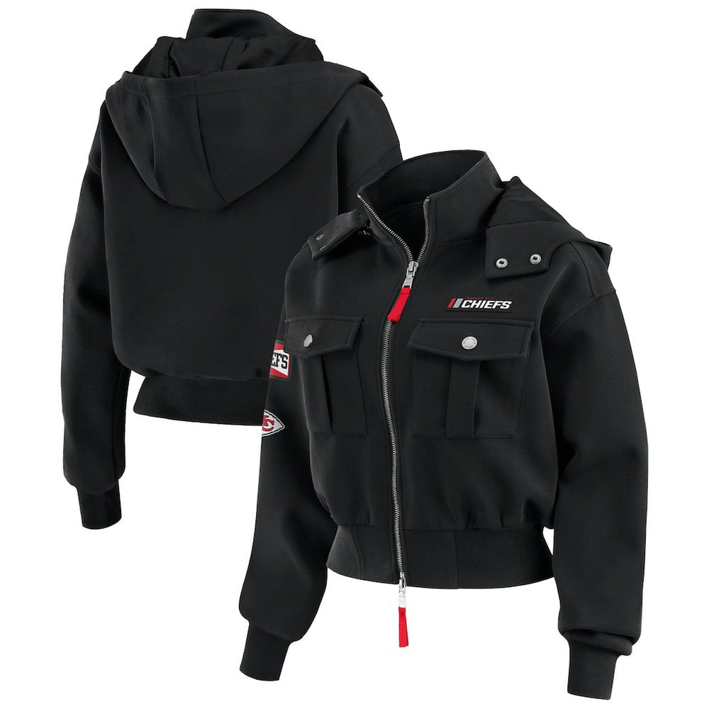 Kansas City Chiefs WEAR by Erin Andrews Women's Tri-Blend Patch Pocket Cropped Full-Zip Bomber Hoodie Jacket | NFL Hot