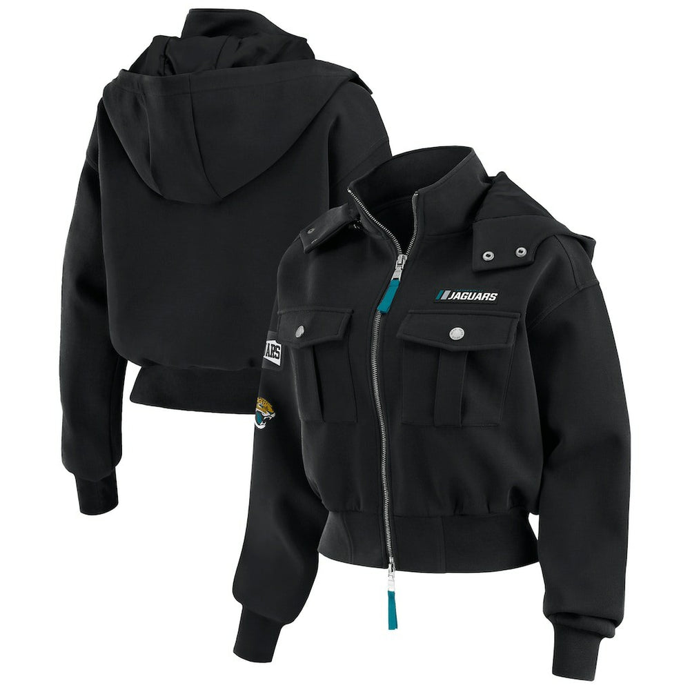 Jacksonville Jaguars WEAR by Erin Andrews Women's Tri-Blend Patch Pocket Cropped Full-Zip Bomber Hoodie Jacket | NFL Online