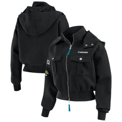Jacksonville Jaguars WEAR by Erin Andrews Women's Tri-Blend Patch Pocket Cropped Full-Zip Bomber Hoodie Jacket | NFL Online