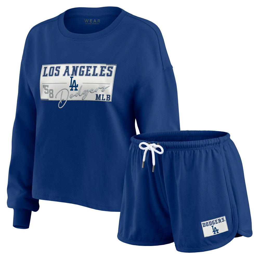 Los Angeles Dodgers WEAR by Erin Andrews Women's Heavy Rugby Jersey Cropped Long Sleeve T-Shirt & Shorts Lounge Set - MLB Jerseys