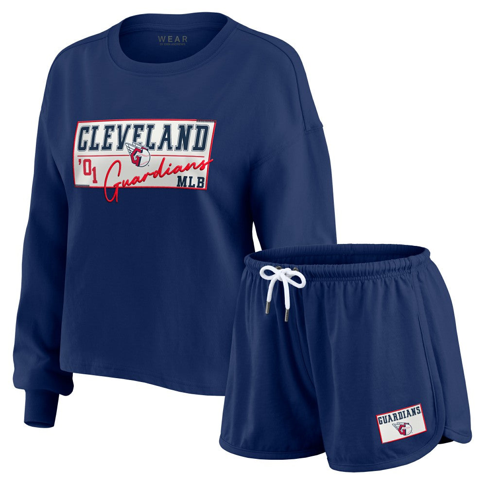 Cleveland Guardians WEAR by Erin Andrews Women's Heavy Rugby Jersey Cropped Long Sleeve T-Shirt & Shorts Lounge Set - MLB Jerseys