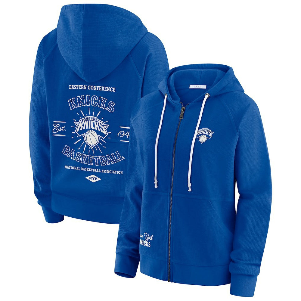 Royal New York Knicks WEAR by Erin Andrews Women's Vintage Full-Zip Raglan Hoodie | NBA