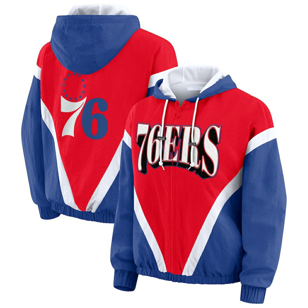 Red/Royal Philadelphia 76ers WEAR by Erin Andrews Women's Colorblock Full-Zip Hoodie Windbreaker Jacket | NBA