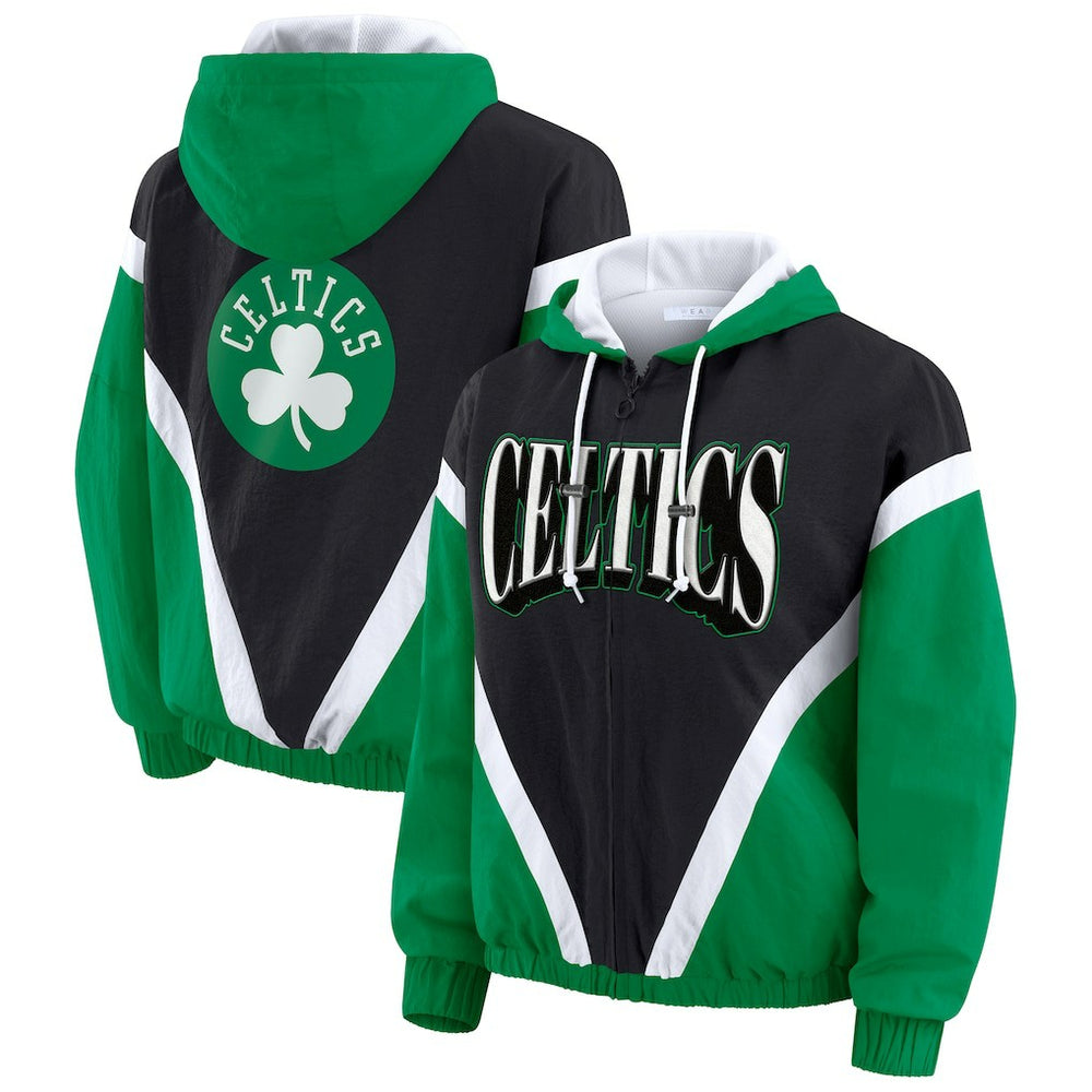 Black/Kelly Green Boston Celtics WEAR by Erin Andrews Women's Colorblock Full-Zip Hoodie Windbreaker Jacket | NBA