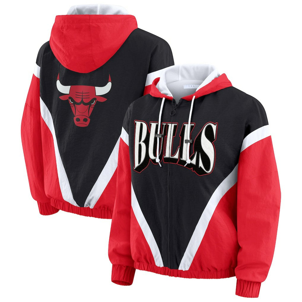 Black/Red Chicago Bulls WEAR by Erin Andrews Women's Colorblock Full-Zip Hoodie Windbreaker Jacket | NBA