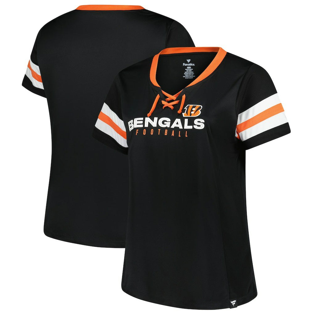 Cincinnati Bengals Women's Plus Size Red Zone Athena Lace-Up V-Notch Neck T-Shirt | NFL Hot