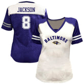 Baltimore Ravens Lamar Jackson Women's Plus Size Bling V-Neck T-Shirt | NFL Near me