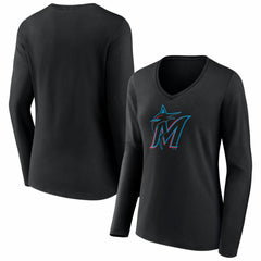 Miami Marlins Women's Logo Long Sleeve V-Neck T-Shirt - MLB T-shirts