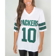 Green Bay Packers Jordan Love Cuce Women's Crystal V-Neck Tunic | NFL Outlet