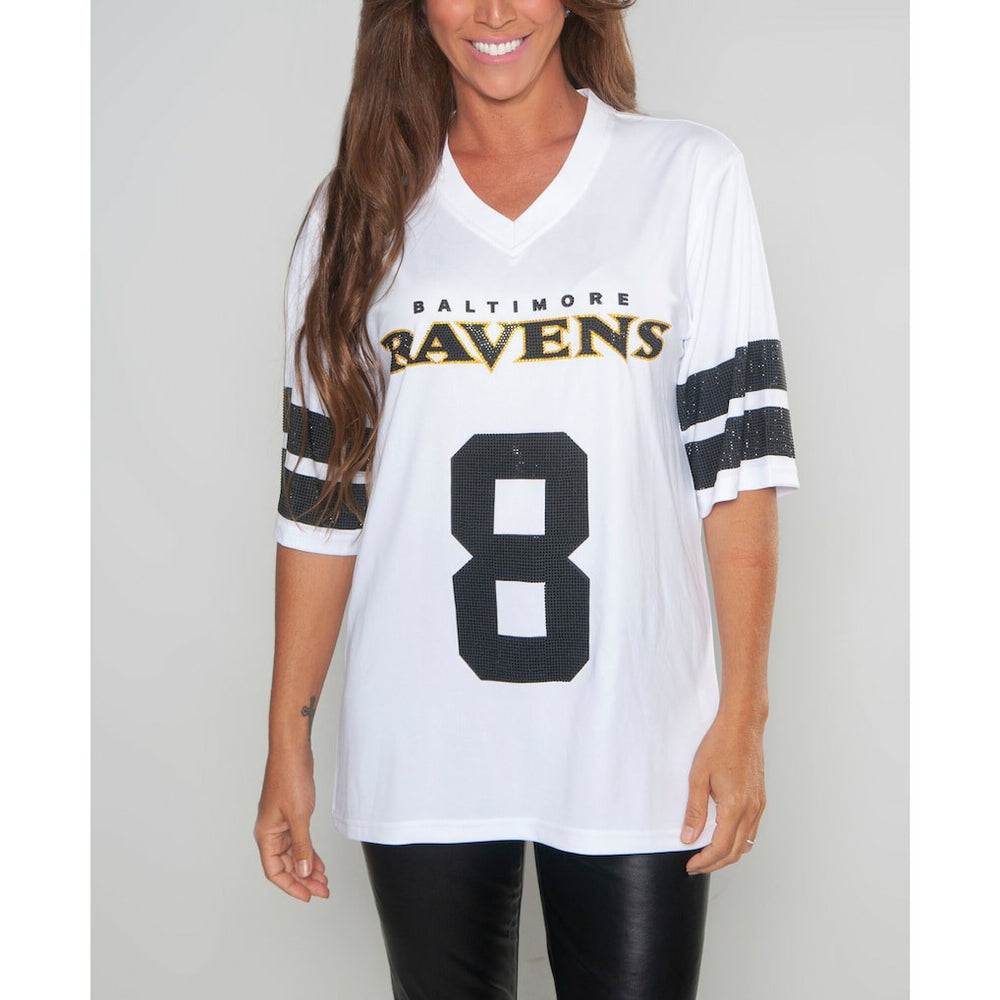 Baltimore Ravens Lamar Jackson Cuce Women's Crystal V-Neck Tunic | NFL New