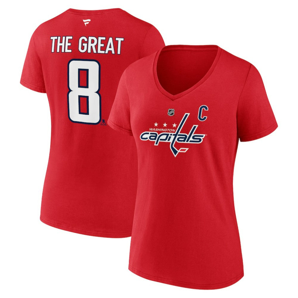 Alexander Ovechkin Washington Capitals Fanatics Women's NHL All-Time Leading Goal Scorer The Great 8 Name & Number V-Neck T-Shirt - NHL T-shirts