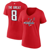 Alexander Ovechkin Washington Capitals Fanatics Women's NHL All-Time Leading Goal Scorer The Great 8 Name & Number V-Neck T-Shirt - NHL T-shirts