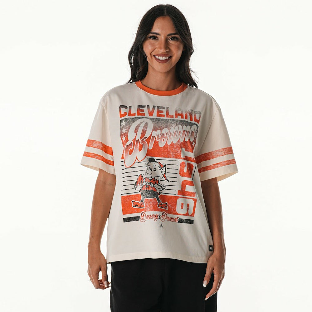 Cleveland Browns The Wild Collective Women's Vintage Drop Shoulder Oversized Boyfriend T-Shirt | NFL Discount