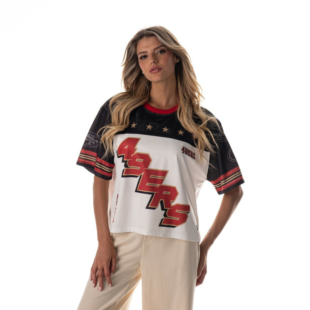 San Francisco 49ers The Wild Collective Women's Boxy Cropped Mesh T-Shirt | NFL On sale