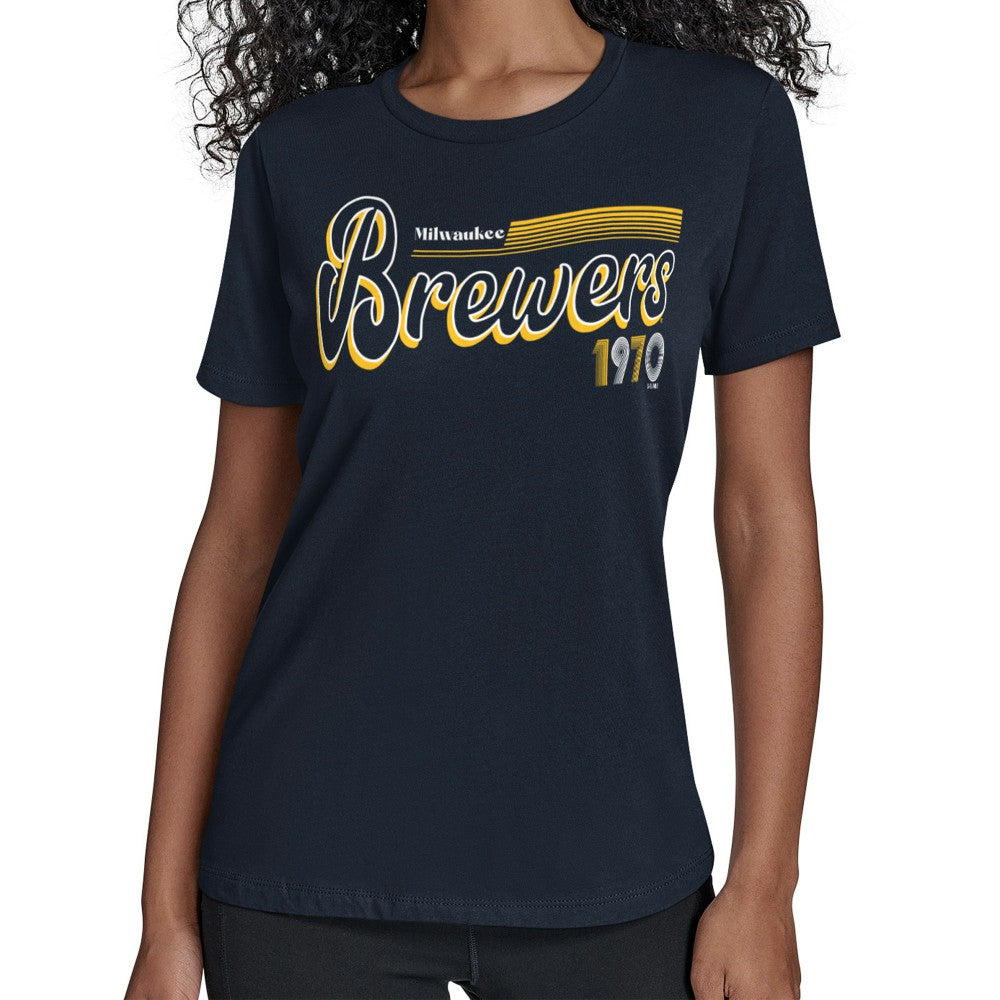 Milwaukee Brewers Starter Women's Groovy Script Team Fitted T-Shirt - MLB T-shirts
