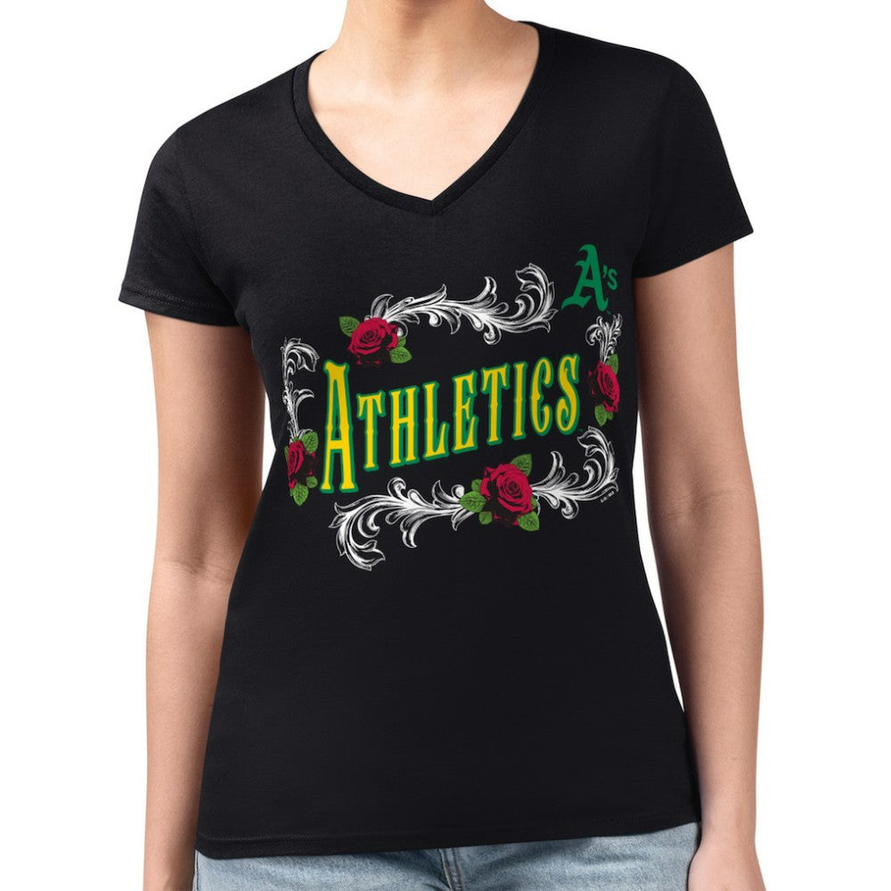 Athletics G-III 4Her by Carl Banks Women's Super-Slim Fit Lightweight Retro Roses V-Neck T-Shirt - MLB T-shirts