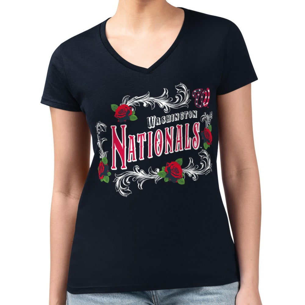 Washington Nationals G-III 4Her by Carl Banks Women's Super-Slim Fit Lightweight Retro Roses V-Neck T-Shirt - MLB T-shirts