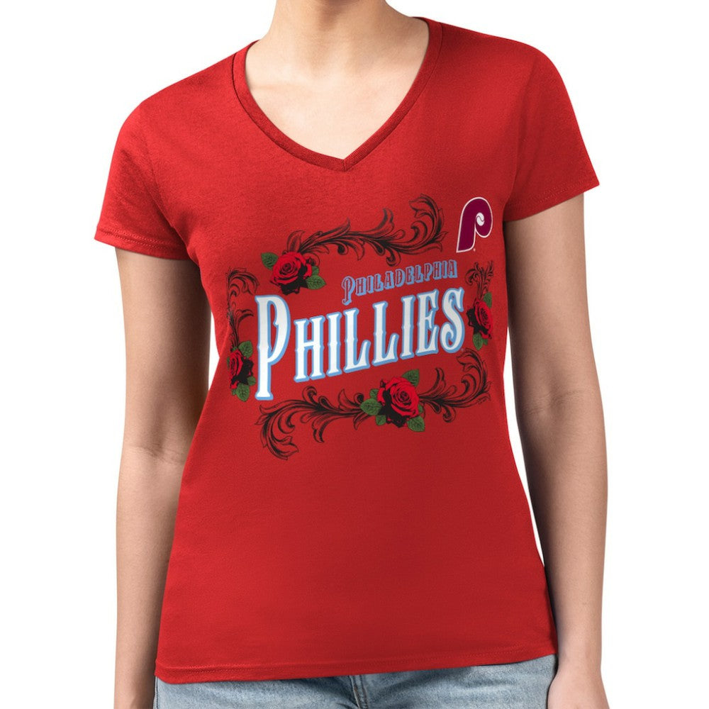 Philadelphia Phillies G-III 4Her by Carl Banks Women's Super-Slim Fit Lightweight Retro Roses V-Neck T-Shirt - MLB T-shirts