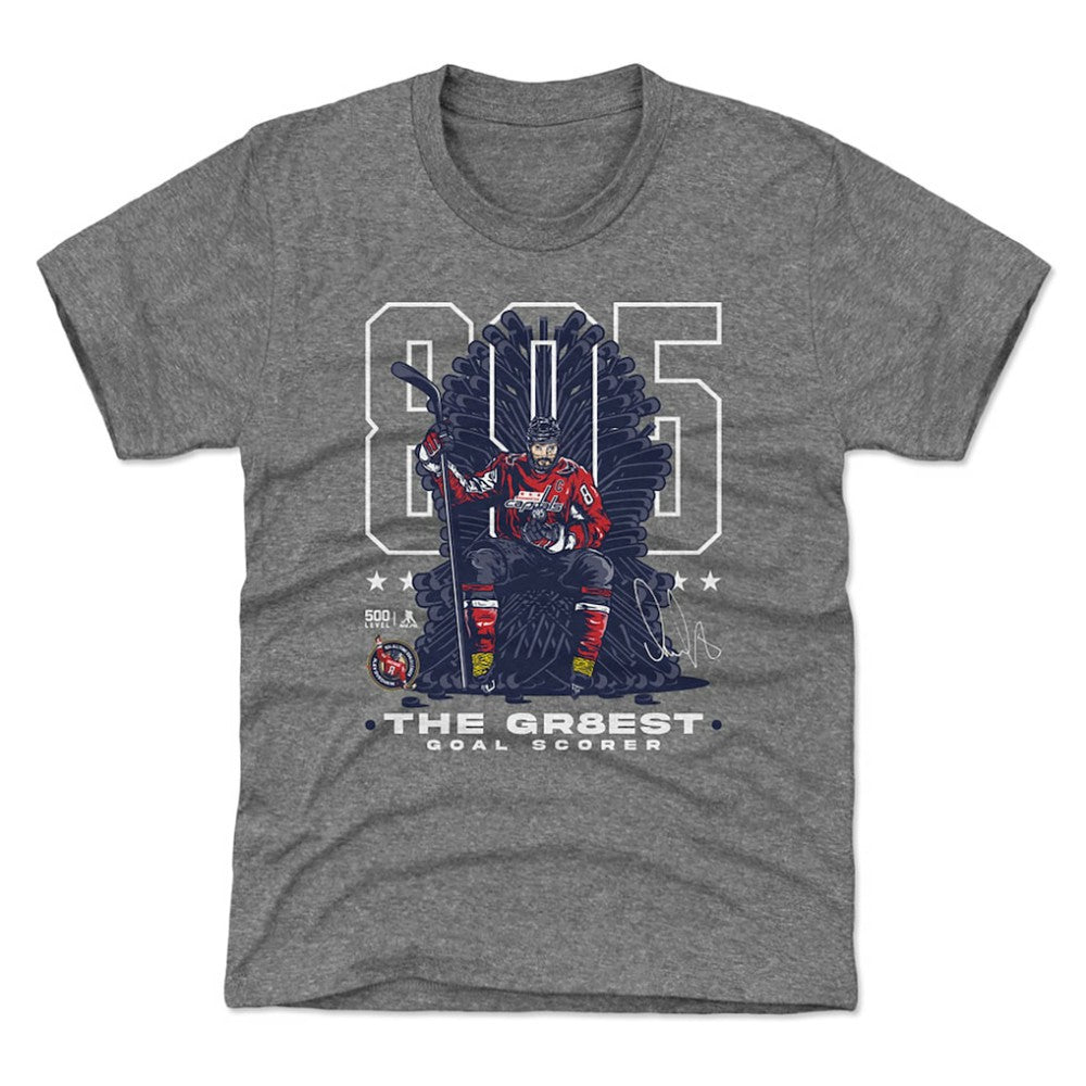 Alexander Ovechkin Washington Capitals 500 Level Youth NHL All-Time Leading Goal Scorer Throne T-Shirt - NHL T-shirts