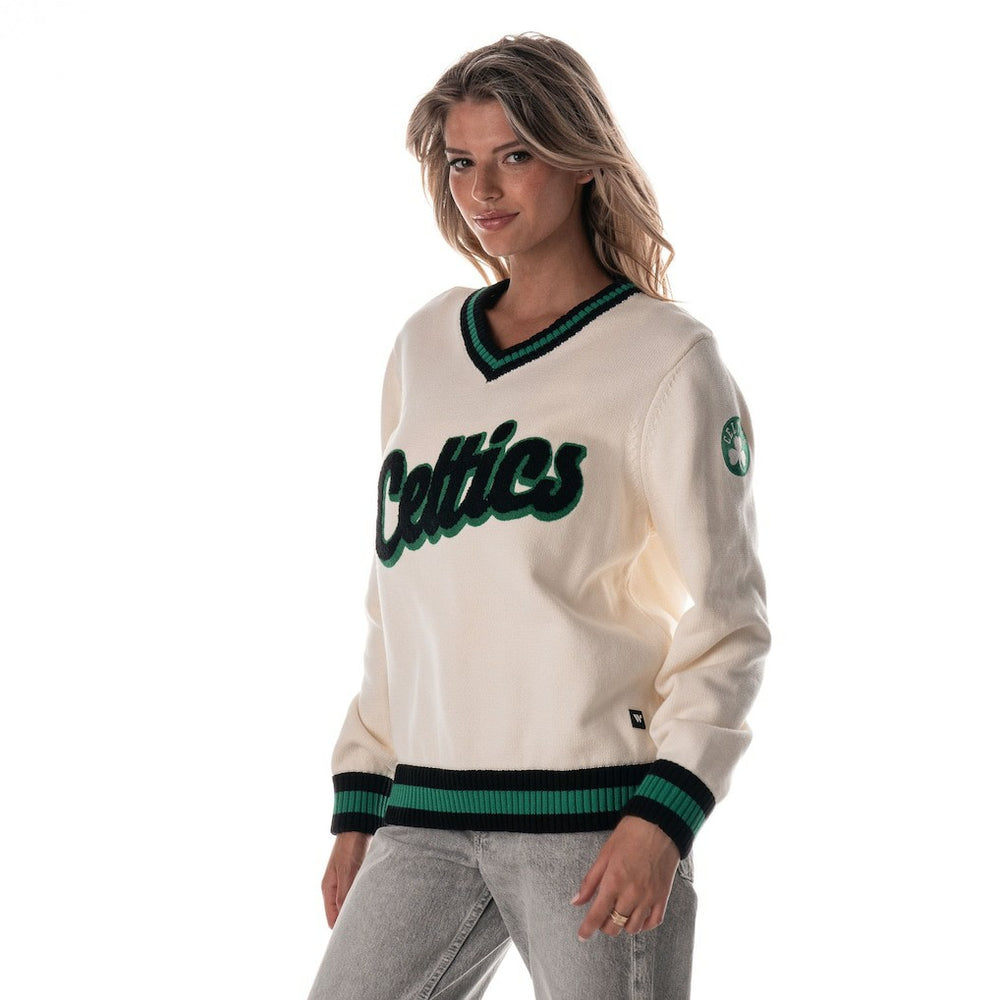 Cream Boston Celtics The Wild Collective Women's Jacquard V-Neck Sweater | NBA
