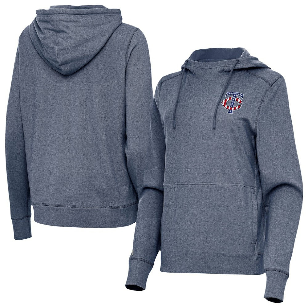 Minnesota Twins Antigua Women's Justice Stars and Stripes Team Logo Pullover Hoodie - MLB Hoodies