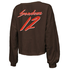 Cleveland Browns Shedeur Sanders Majestic Threads Women's Name & Number Off-Shoulder Script Cropped Long Sleeve Relaxed V-Neck T-Shirt | NFL Discount