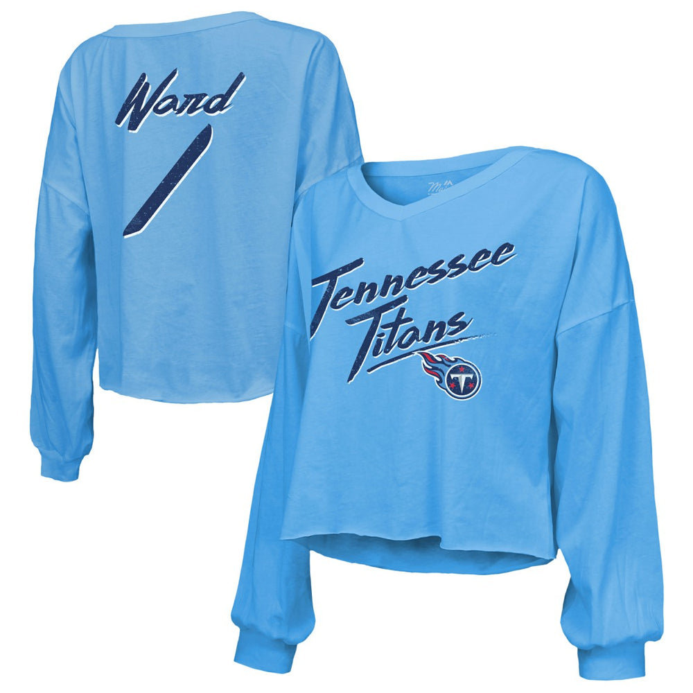 Tennessee Titans Cameron Ward Majestic Threads Women's Name & Number Off-Shoulder Script Cropped Long Sleeve Relaxed V-Neck T-Shirt | NFL Discount