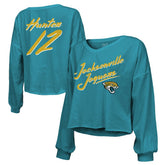 Jacksonville Jaguars Travis Hunter Majestic Threads Women's Name & Number Off-Shoulder Script Cropped Long Sleeve Relaxed V-Neck T-Shirt | NFL Discount