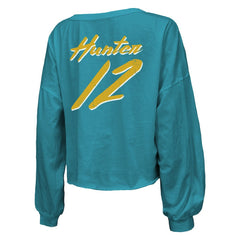 Jacksonville Jaguars Travis Hunter Majestic Threads Women's Name & Number Off-Shoulder Script Cropped Long Sleeve Relaxed V-Neck T-Shirt | NFL Discount