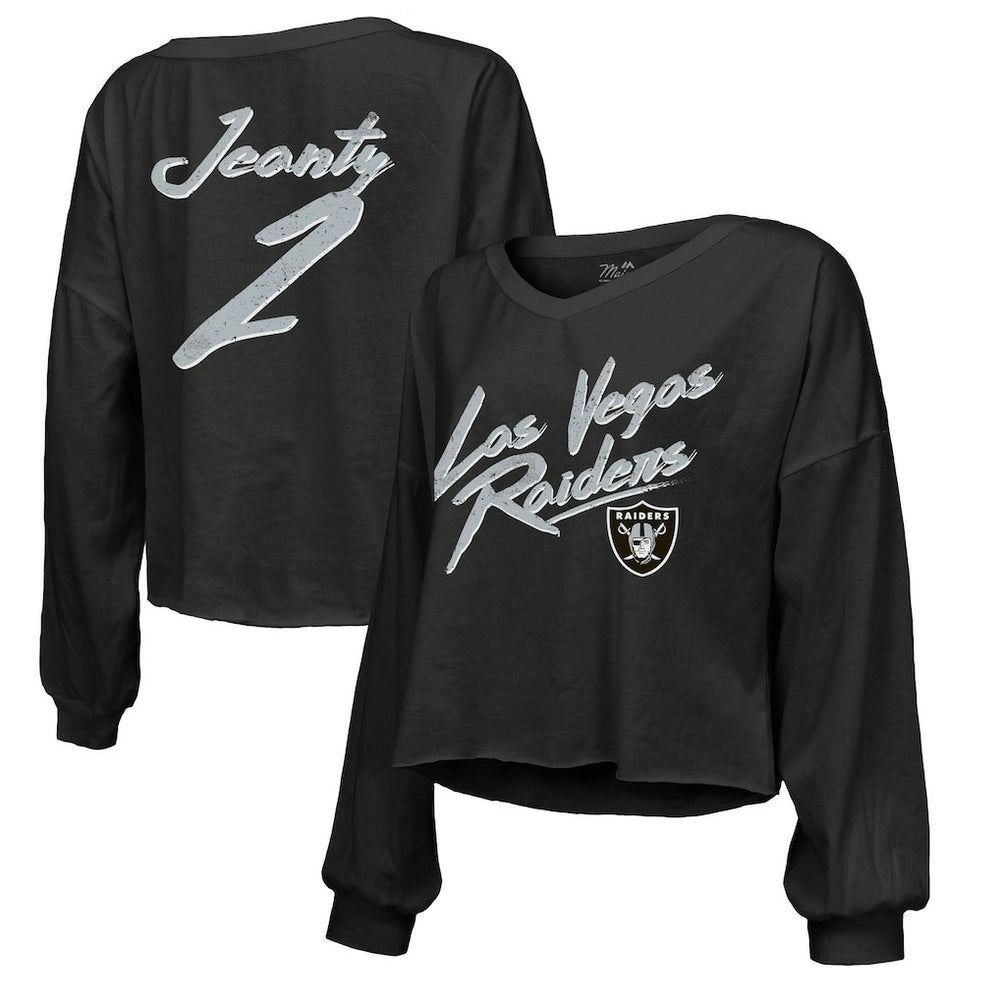 Las Vegas Raiders Ashton Jeanty Majestic Threads Women's Name & Number Off-Shoulder Script Cropped Long Sleeve Relaxed V-Neck T-Shirt | NFL New